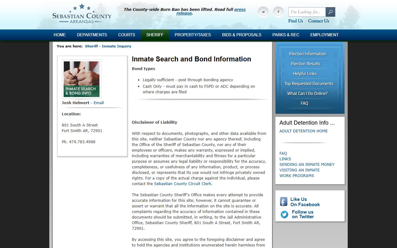 Sebastian County inmate inquiry for booking reports